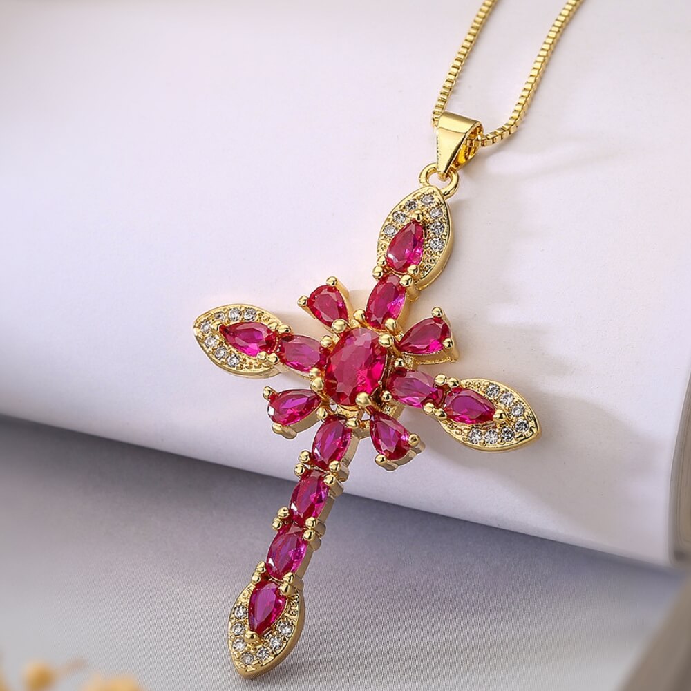 Cross Copper Plating 18K Gold Zircon Pendant Necklace 