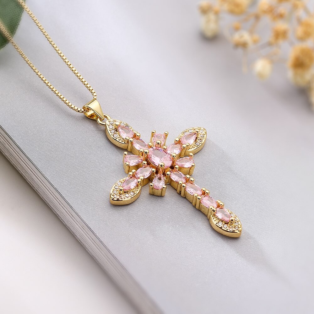 Cross Copper Plating 18K Gold Zircon Pendant Necklace 