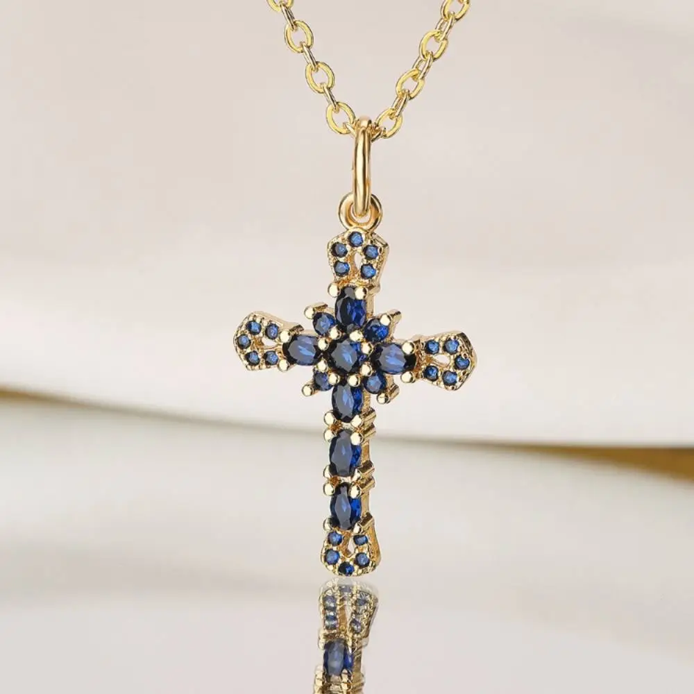 Cross Copper Plating 18K Gold Zircon Pendant Necklace 