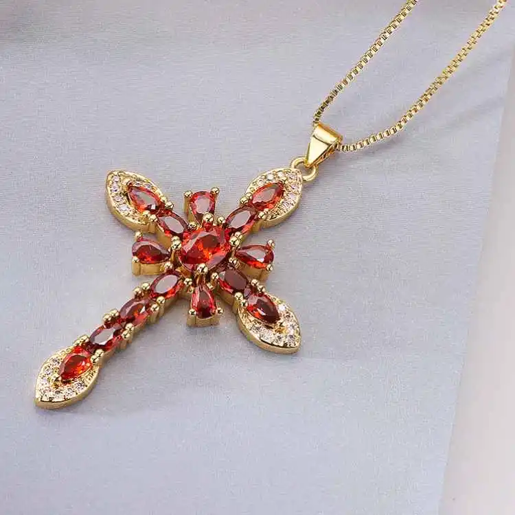 Cross Copper Plating 18K Gold Zircon Pendant Necklace 