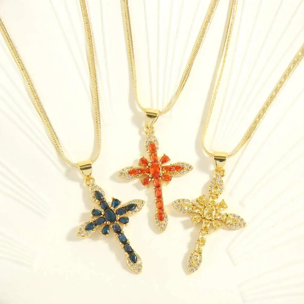 Cross Copper Plating 18K Gold Zircon Pendant Necklace 