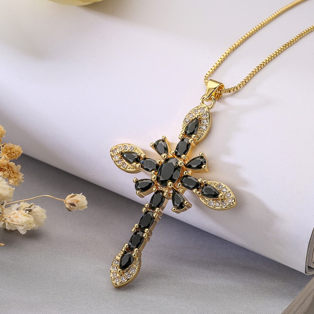 Cross Copper Plating 18K Gold Zircon Pendant Necklace 